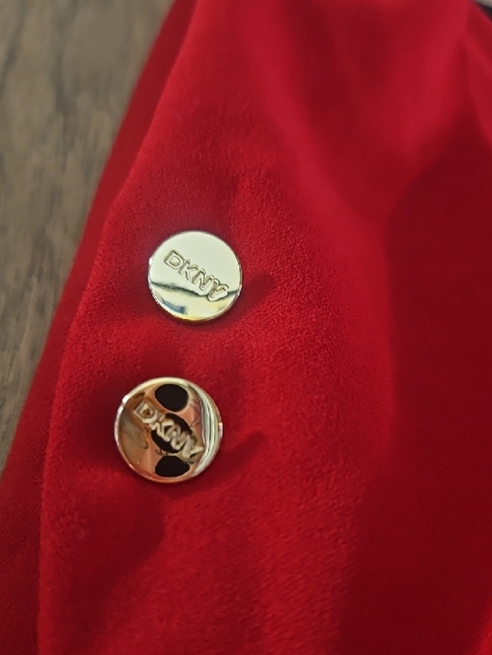 DKNY Red Ruched Sheath Dress with Gold Button Sleeves - Picture 3 of 7